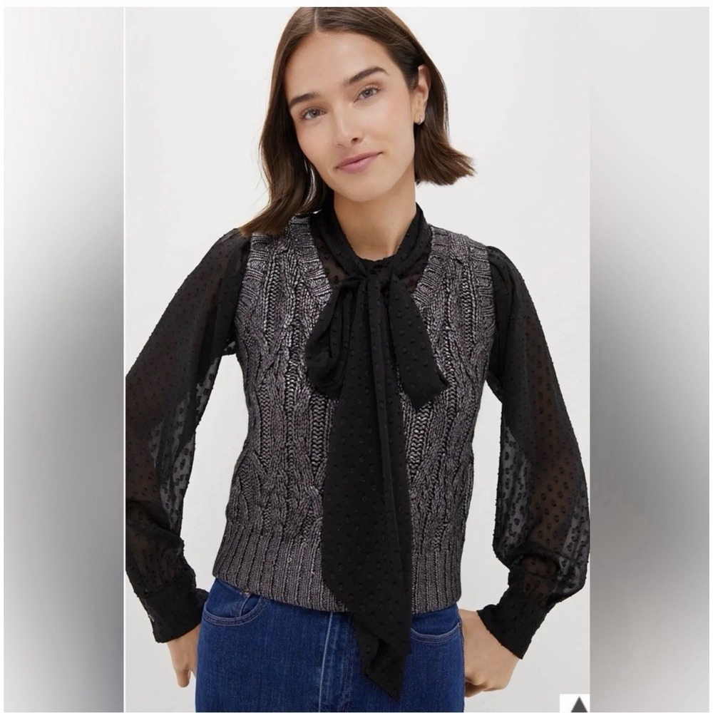 Tuckernuck Black Foil Cable Ellington Sweater Blouse Sz M Silver Shimmer Sheer